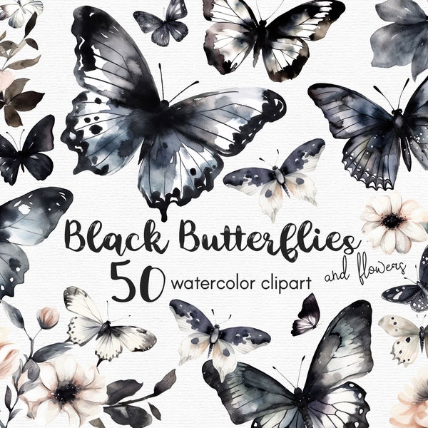 Black Butterfly Clipart, Flowers clipart, 50 png files with Transparent Background, Spring Clipart, Gothic Clipart, floral INSTANT DOWNLOAD