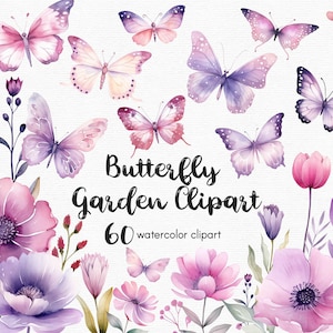 Clipart papillon violet, fleurs clipart, 60 fichiers png avec fond transparent, clipart printemps, clipart jardin, floral TÉLÉCHARGEMENT IMMÉDIAT