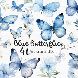Blue Butterfly Clipart, Flowers clipart, 40 png files with Transparent Background, Spring Clipart, Garden Clipart, floral INSTANT DOWNLOAD