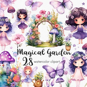 Clipart papillon, clipart fleurs jardin féerique, 28 fichiers png avec fond Transparent, champignon violet, floral TÉLÉCHARGEMENT IMMÉDIAT
