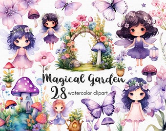 Butterfly Clipart, Fairy Garden Clipart Flowers clipart, 28 png files with Transparent Background, purple mushroom, floral INSTANT DOWNLOAD