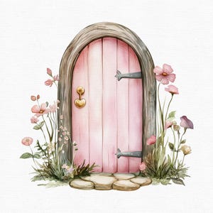 K&ouml;nnte beinhalten: Aquarell-Illustration einer rosa Feent&uuml;r mit herzf&ouml;rmigem Knauf. Die T&uuml;r ist von einem Holzbogen umrahmt und mit zarten rosa Blumen und Gr&uuml;n geschm&uuml;ckt, wodurch eine magische, m&auml;rchenhafte Szene entsteht.