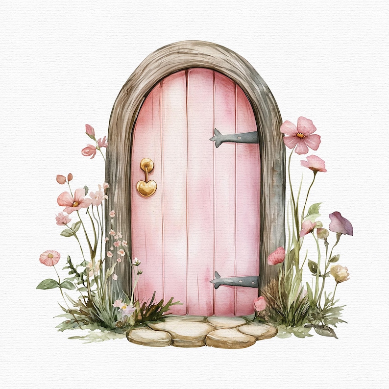 K&ouml;nnte beinhalten: Aquarell-Illustration einer rosa Feent&uuml;r mit herzf&ouml;rmigem Knauf. Die T&uuml;r ist von einem Holzbogen umrahmt und mit zarten rosa Blumen und Gr&uuml;n geschm&uuml;ckt, wodurch eine magische, m&auml;rchenhafte Szene entsteht.