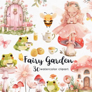 Roze feeënvlinder, theekopje partij clipart, Fairy Garden clipart bloemen clipart, 30 png-bestanden met transparante achtergrond, roze paddestoel