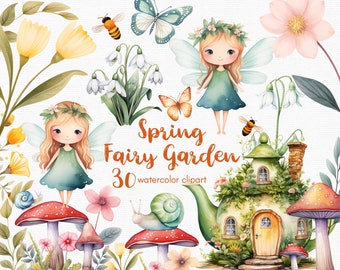 May include: Watercolour clipart set featuring fairies, flowers, mushrooms, a snail and a teapot house. The set includes 30 images and is titled "Spring Fairy Garden".