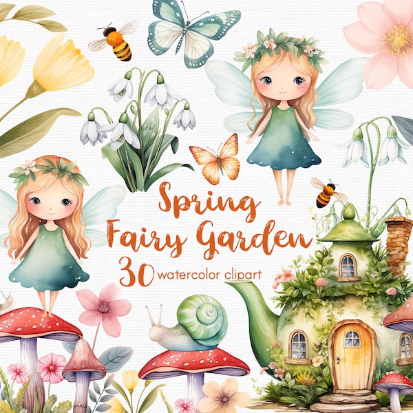 Fairy Garden Clipart, Wildflowers, honey bees and cute snail, 30 png files with Transparent Background, red mushroom, INSTANT DOWNLOAD