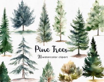 Puede incluir: Clipart de acuarela con varios pinos en tonos verdes, verde azulado y marrón. La imagen incluye una variedad de formas y tamaños de árboles, con el texto "Pine Trees" y "21 watercolor clipart".