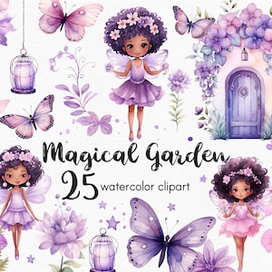 Clipart papillon, clipart fleurs jardin féerique, 25 fichiers png avec fond Transparent, champignon violet, floral TÉLÉCHARGEMENT IMMÉDIAT