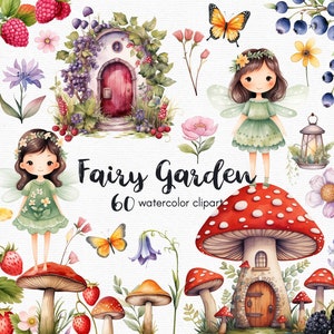 Clipart fleurs jardin féerique, 60 fichiers png avec fond Transparent, maison champignon et porte de fée, téléchargement immédiat