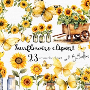 Girassol Clipart, Borboleta Clipart, Floral Clip art, 25 imagens png com fundo transparente, Flores da primavera DOWNLOAD INSTANTÂNEO