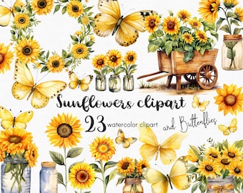 Sunflower Clipart, Butterfly Clipart,  Floral Clip art, 25 png images with transparent background, Spring flowers INSTANT DOWNLOAD