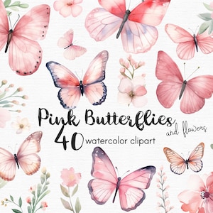 Clipart papillon rose, fleurs clipart, 40 fichiers png avec fond transparent, clipart printemps, clipart jardin, floral téléchargement immédiat