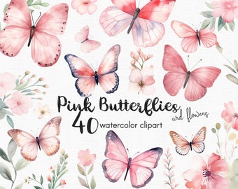 Pink Butterfly Clipart, Flowers clipart, 40 png files with Transparent Background, Spring Clipart, Garden Clipart, floral INSTANT DOWNLOAD