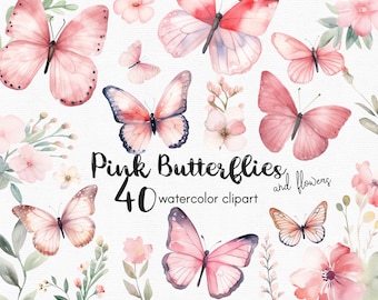 Pink Butterfly Clipart, Flowers clipart, 40 png files with Transparent Background, Spring Clipart, Garden Clipart, floral INSTANT DOWNLOAD