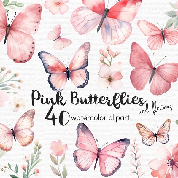 Rosa Schmetterling Clipart, Blumen Clipart, 40 Png-Dateien mit transparentem Hintergrund, Frühling Clipart, Garten Clipart, Blumen INSTANT DOWNLOAD