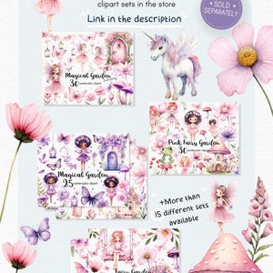 K&ouml;nnte beinhalten: Ein digitales Kunstbild mit Feen-Cliparts. Das Bild enth&auml;lt Illustrationen von Feen, Blumen, Pilzen und einem Einhorn. Der Text auf dem Bild lautet "Fairy Clipart" und "Link in the description". Die Farbpalette besteht aus sanften Rosa- und Lilat&ouml;nen.