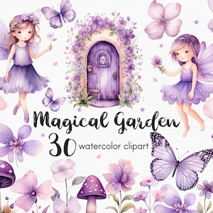 Clipart papillon, clipart fleurs jardin féerique, 30 fichiers png avec fond Transparent, champignon violet, floral TÉLÉCHARGEMENT IMMÉDIAT