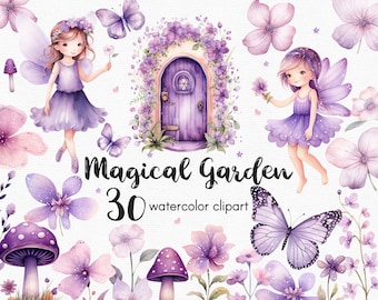 Schmetterling Clipart, Feengarten Clipart, Blumen Clipart, 30 Png-Dateien mit transparentem Hintergrund, lila Pilz, INSTANT DOWNLOAD