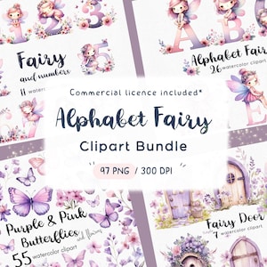 Bundle de cliparts Alphabet fée rose, clipart papillon, clipart fleurs jardin féerique, 97 fichiers png avec fond transparent,