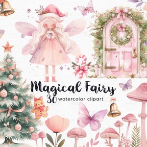 Rosa Fee Clipart, Weihnachten Feen Garten Clipart, 30 Dateien mit transparentem Hintergrund, rosa Pilz, INSTANT DOWNLOAD