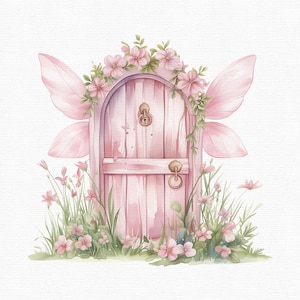 K&ouml;nnte beinhalten: Aquarellillustration einer rosa Feent&uuml;r mit zarten rosa Fl&uuml;geln und floralen Akzenten. Die T&uuml;r hat einen Messinggriff und ist von rosa Blumen und gr&uuml;nem Gras umgeben, wodurch eine skurrile Szene entsteht.