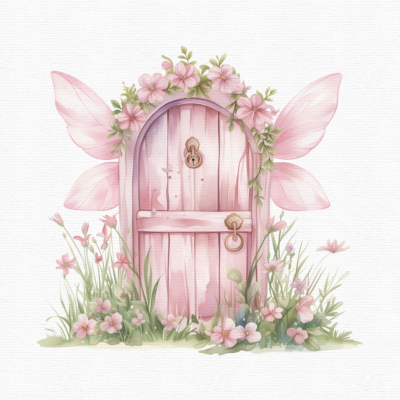 K&ouml;nnte beinhalten: Aquarellillustration einer rosa Feent&uuml;r mit zarten rosa Fl&uuml;geln und floralen Akzenten. Die T&uuml;r hat einen Messinggriff und ist von rosa Blumen und gr&uuml;nem Gras umgeben, wodurch eine skurrile Szene entsteht.