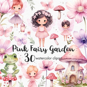 Pink fairy butterfly, Clipart, Fairy Garden Clipart Flowers clipart, 30 png files with Transparent Background, pink mushroom, floral