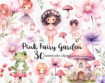 Pink fairy butterfly, Clipart, Fairy Garden Clipart Flowers clipart, 30 png files with Transparent Background, pink mushroom, floral