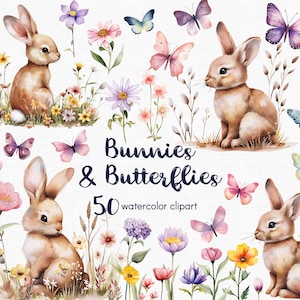 Schmetterling Clipart, Hase und Wildblumen, Garten Clipart, Blumen Clipart, 50 Png-Dateien mit transparentem Hintergrund, Blumen INSTANT DOWNLOAD