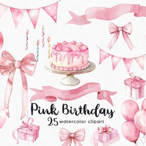 Clipart de aniversário rosa, clipart de aquarela, clipart de banner, 25 arquivos png com fundo transparente,