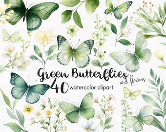 Green Butterfly Clipart, Flowers clipart, 40 png files with Transparent Background, Spring Clipart, Garden Clipart, floral INSTANT DOWNLOAD