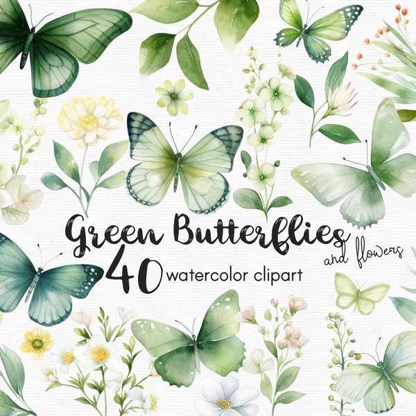 Green Butterfly Clipart, Flowers clipart, 40 png files with Transparent Background, Spring Clipart, Garden Clipart, floral INSTANT DOWNLOAD
