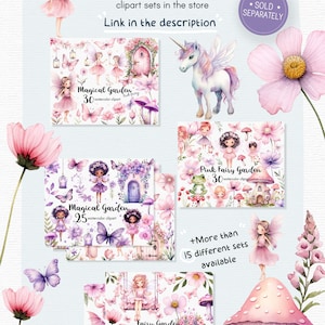 May include: A digital art collection titled "Fairy Clipart" featuring watercolor illustrations of fairies, flowers, mushrooms, and a unicorn. The image includes text that says "Don't miss out on all the available Fairy clipart sets in the store. Link in the description."