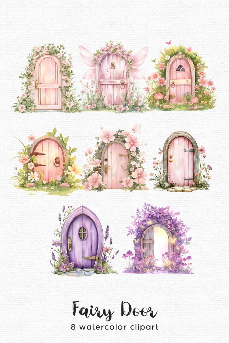 K&ouml;nnte beinhalten: Aquarell-Clipart mit acht skurrilen Feent&uuml;ren in verschiedenen Designs. Die T&uuml;ren sind haupts&auml;chlich rosa und lila, verziert mit Blumen, Gr&uuml;n und Feenfl&uuml;geln. Der Text "Fairy Door" und "8 watercolor clipart" befindet sich unten.