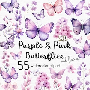 Purple Butterfly Clipart, Flowers clipart, 50 png files with Transparent Background, Spring Clipart, Garden Clipart, floral INSTANT DOWNLOAD