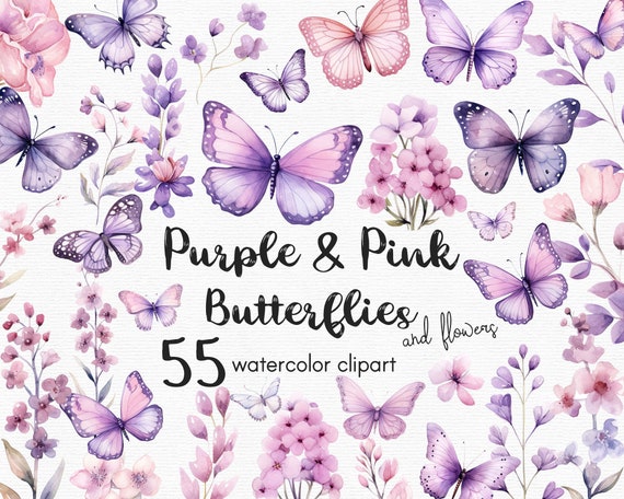 Purple Butterfly Clipart, Flowers clipart, 50 png files with Transparent Background, Spring Clipart, Garden Clipart, floral INSTANT DOWNLOAD