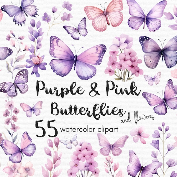 Clipart papillon violet, fleurs clipart, 50 fichiers png avec fond transparent, clipart printemps, clipart jardin, floral téléchargement immédiat