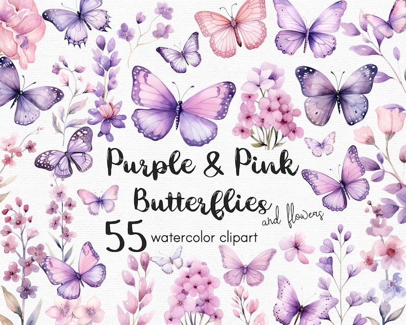 May include: Watercolor clipart set of 55 purple and pink butterflies and flowers. The butterflies are in various poses and sizes, with some having delicate floral patterns. The flowers are in shades of pink and purple, with some having a watercolor wash effect.