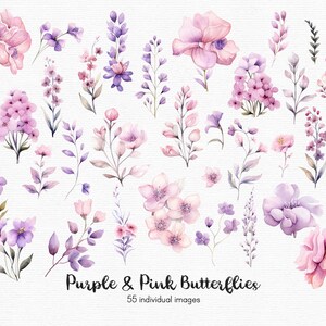 May include: A collection of 55 watercolor illustrations of purple and pink flowers and leaves. The illustrations are perfect for creating invitations, cards, and other paper crafts.