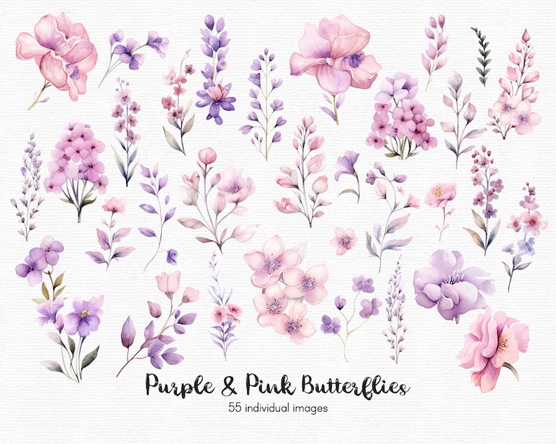 May include: A collection of 55 watercolor illustrations of purple and pink flowers and leaves. The illustrations are perfect for creating invitations, cards, and other paper crafts.