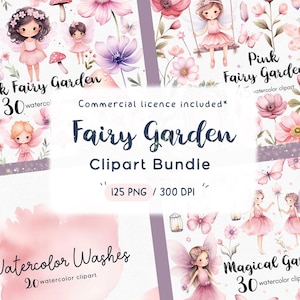 Bundle de cliparts fée rose, clipart papillon, clipart fleurs jardin féerique, 125 fichiers png avec fond transparent, champignon rose