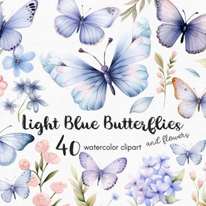 Clipart de borboleta azul, clipart de flores, 40 arquivos png com fundo transparente, clipart de primavera, clipart de jardim, floral DOWNLOAD INSTANTÂNEO