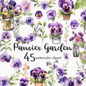 Akvarell penséer Clipart: 45 lila blommor PNG-filer (direkt nedladdning) bild 1