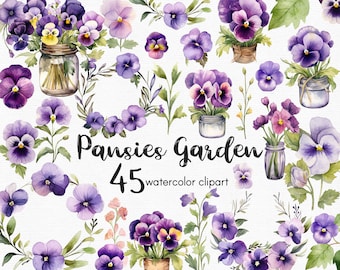 Watercolor Pansies Clipart: 45 Purple Flower PNG Files (Instant Download)