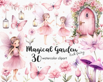 Butterfly Clipart, Fairy Garden Clipart Flowers clipart, 30 png files with Transparent Background, Pink mushroom, floral INSTANT DOWNLOAD