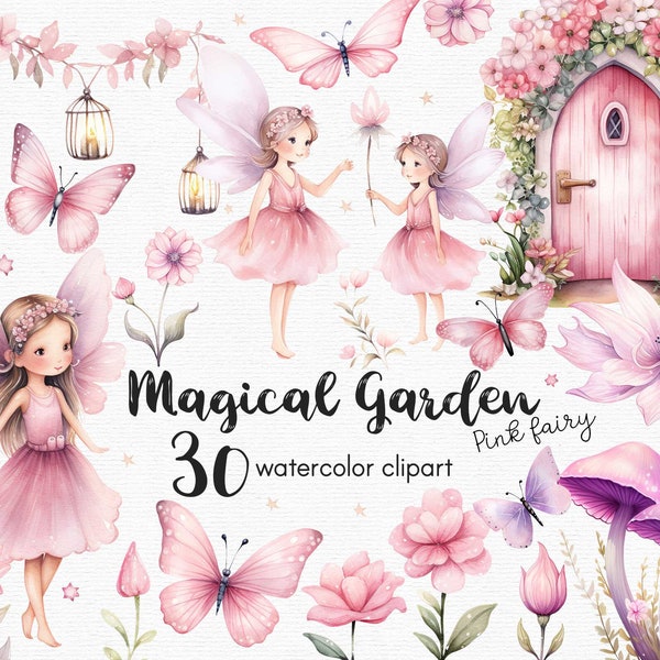 Butterfly Clipart, Fairy Garden Clipart Flowers clipart, 30 png files with Transparent Background, Pink mushroom, floral INSTANT DOWNLOAD