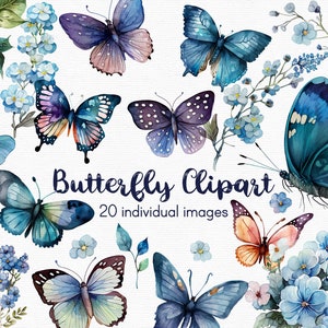 Blue Butterfly Clipart, Flowers clipart, 20 png files with Transparent Background, Spring Clipart, Garden Clipart, floral INSTANT DOWNLOAD