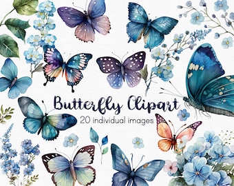 Blue Butterfly Clipart, Flowers clipart, 20 png files with Transparent Background, Spring Clipart, Garden Clipart, floral INSTANT DOWNLOAD