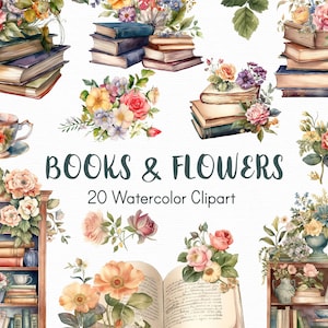 Vintage boeken clipart, aquarel clipart, bloemen clipart, bloemen INSTANT DOWNLOAD
