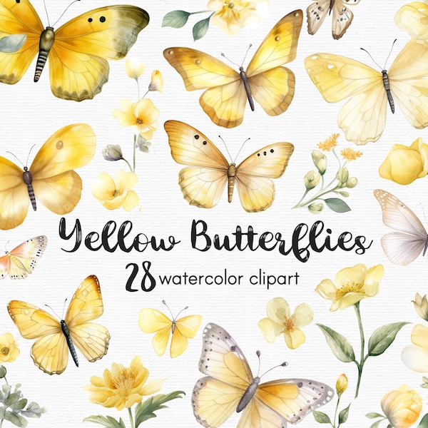 Yellow Butterfly Clipart, Flowers clipart, 28 png files with Transparent Background, Spring Clipart, Garden Clipart, floral INSTANT DOWNLOAD